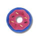 Buntes Plüsch-Hundespielzeug in Form eines Donuts, mit einem Design aus rosa Zuckerguss und bunten Streuseln sowie einem blauen äußeren Rand.