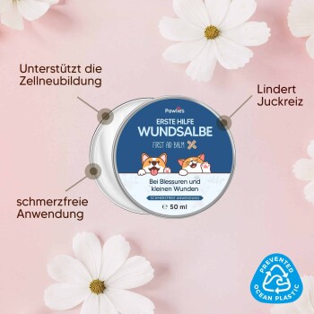Erste-Hilfe-Balsam für Haustiere in einer 50-ml-Dose, beschriftet mit "Pawlie's Erste Hilfe Wundsalbe", mit Vorteilen für die Wundheilung und Juckreizlinderung.