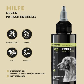 Schwarze Flasche von Petcare Petdog Protect 2101 zur Parasitenprävention, mit Symbolen für Milben, Juckreiz, Flöhe und Pilzinfektionen.
