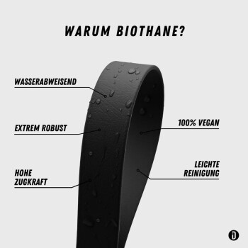 Eine Nahaufnahme einer schwarzen wasserdichten Hundeleine mit Wassertropfen auf der Oberfläche, die ihr schlankes Design und ihre Haltbarkeit zeigt.