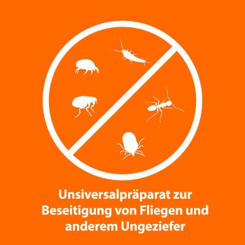 Universelle Vorbereitung zur Beseitigung von Fliegen und anderen Schädlingen, mit Silhouetten verschiedener Insekten auf einem orangefarbenen Hintergrund.