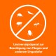 Universelle Vorbereitung zur Beseitigung von Fliegen und anderen Schädlingen, mit Silhouetten verschiedener Insekten auf einem orangefarbenen Hintergrund.