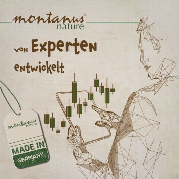Geometrische Illustration einer Person, die ein Tablet benutzt, mit den Aufschriften "montanus nature von Experten entwickelt" und "MADE IN GERMANY".