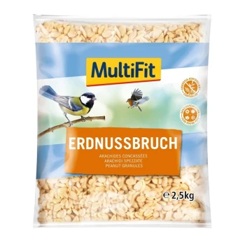 Erdnussbruch 2.5 kg Eine Tüte MultiFit Erdnussgranulat für Vögel, beschriftet mit "Erdnussbruch" und Bildern einer Kohlmeise und eines Rotkehlchens, mit einem Gewicht von 2,5 kg.