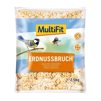 A bag of MultiFit peanut granules for birds, labeled "Erdnussbruch" with images of a great tit and a robin, weighing 2.5 kg.