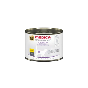 Nourriture en conserve pour chien étiquetée "Medica Veterinary Diet" avec "Schonkost," "Diététique Gastrointestinal," une icône de poulet et une silhouette de chien.