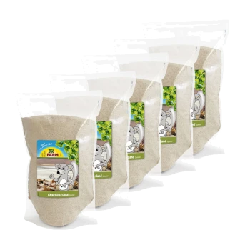 Fünf Tüten JR Farm Chinchilla Sand, mit einem Cartoon-Chinchilla auf dem Etikett, vor einem weißen Hintergrund präsentiert.
