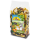 Clear plastic bag of colorful pet food mix labeled "JR FARM Obst-Salat" with a cartoon rabbit and "mit vielen Vitaminen."