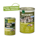 Zwei Dosen Haustierfutter: eine kleine grüne "Wilderness True Country" und eine größere "Wilderness Junior", beide mit Wölfen und 95 % Fleisch.