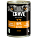 Dosen-Hundefutter mit dem Etikett "CRAVE", das das Gesicht eines Wolfes zeigt, mit dem Fokus auf hohem Protein, 100% natürlichem Huhn und Truthahn sowie getreidefrei.