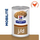 Aliment en conserve Hill's Prescription Diet j/d (poulet) pour animaux, l'étiquette indique « Hill's », « PRESCRIPTION DIET », « j/d » et « MOBILITÉ ».