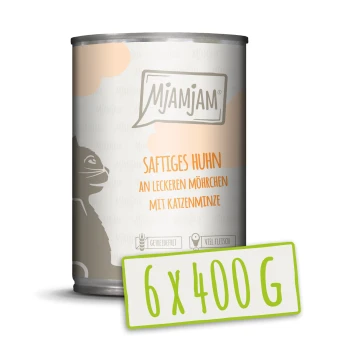 Nassfutter Katze Adult 6x400 g Huhn an Möhrchen Dosenkatzenfutter, beschriftet mit "Mjamjam Saftiges Huhn an leckeren Möhrchen mit Katzenminze," mit einer Katzensilhouette, 6 x 400g.