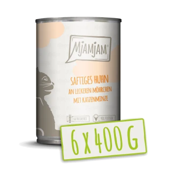 Karma w puszce dla kotów oznaczona "Mjamjam Saftiges Huhn an leckeren Möhrchen mit Katzenminze," z sylwetką kota, 6 x 400g.