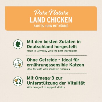 Die Verpackung des Pure Nature Land Chicken Haustierfutters zeigt "Zartes Huhn mit Kürbis" und hebt deutsche Zutaten sowie eine getreidefreie, Omega-3-Formel hervor.