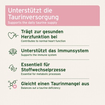 Infografik zu Nahrungsergänzungsmitteln mit Titel 'Unterstützt die Taurinversorgung' — listet Vorteile für Herz, Immunsystem und Stoffwechsel sowie Ausgleich eines Taurinmangels (DE/EN).