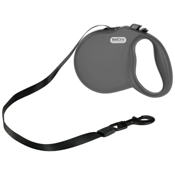 A retractable dog leash in black, featuring a comfortable grip handle and a sturdy clip for attaching to a collar or harness.