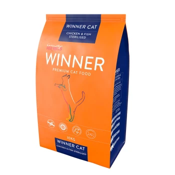 Orange bag of Winner Cat premium cat food, 10kg, featuring chicken and fish, with a silhouette of a cat and nutritional icons.