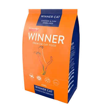 Orange bag of Winner Cat premium cat food, 10kg, featuring chicken and fish, with a silhouette of a cat and nutritional icons.