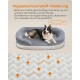 Ein Hund ruht auf einem plüschigen, grauen Haustierbett mit wellenförmigem Design, mit Text über die Vorteile der Noppenfoam-Polsterung für Gelenkunterstützung und Luftzirkulation.