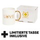 Weißer Becher mit einem goldenen Griff, der das Wort 'LOVE' und ein Katzenlogo zeigt, neben einer weißen Box mit der Aufschrift 'CanadianCat' und 'LIMITIERTE TASSE INKLUSIVE.'