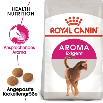 Royal Canin Aroma Exigent Katzenfutterbeutel mit einer Katzensilhouette, mit Text, der das ansprechende Aroma und die angepasste Kibble-Größe hervorhebt.