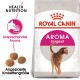 Royal Canin Aroma Exigent Katzenfutterbeutel mit einer Katzensilhouette, mit Text, der das ansprechende Aroma und die angepasste Kibble-Größe hervorhebt.