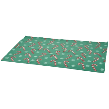 Couverture pour animaux rectangulaire verte, motif de cannes en sucre d'orge rouge et blanches et flocons de neige blancs.