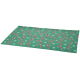 Couverture pour animaux rectangulaire verte, motif de cannes en sucre d'orge rouge et blanches et flocons de neige blancs.