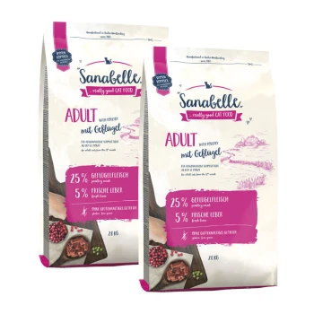 Zwei Säcke Sanabelle Erwachsenenfutter für Katzen mit Geflügel, die 25 % Geflügelfleisch und 5 % frische Leber enthalten, jeweils 20 kg.