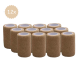 Ein Set aus 12 Rollen braunem selbstklebendem Verband, in einem Gittermuster auf einem weißen Hintergrund präsentiert.