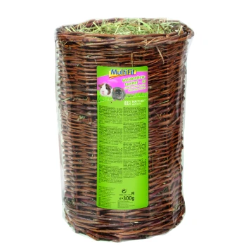 Tunel z siana wierzbowego dla małych zwierząt, oznaczony 'Multifit Weidenheu Tunnel - M,' z wizerunkiem świnki morskiej i chomika na opakowaniu.