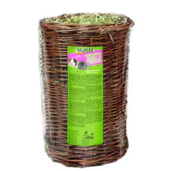 Willow-Heu-Tunnel für kleine Haustiere, beschriftet "Multifit Weidenheu Tunnel - M", mit einem Meerschweinchen und einem Hamster auf der Verpackung.