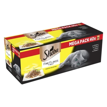 Sheba Fine Flakes in Jelly Mega Pack, featuring a gray cat on the box, contains 40 servings with chicken, turkey, and duck.