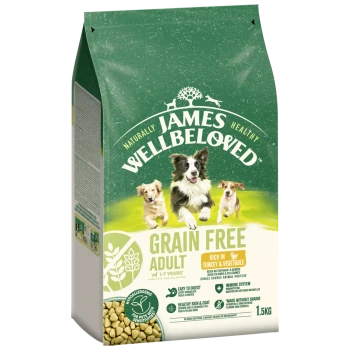James Wellbeloved Grain Free Adult Dog Food, rich in turkey & vegetable, hypoallergenic, 1.5kg bag with three dogs on front.