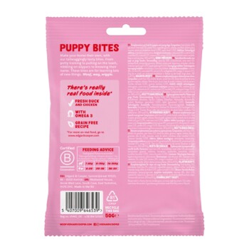 Puppy Bites Hundeleckerli-Packung mit einem rosa Hintergrund, der "Frische Ente und Huhn" mit Omega 3, getreidefreier Rezeptur und Fütterungshinweisen hervorhebt.