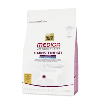 Medica Régime pour calculs urinaires à teneur réduite en calories et poulet 2,5 kg Select Gold Medica Veterinary Diet Harnsteindiät Struvit, sac de 2,5 kg pour la santé urinaire, formule faible en calories avec du poulet et du riz.