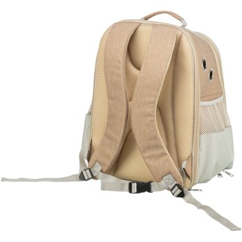 Ein beiger Haustiertrage-Rucksack mit gepolsterten Netzriemen und einem oberen Griff, entworfen für den komfortablen Transport kleiner Haustiere.