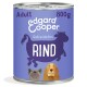 Edgard & Cooper Adult getreidefreie Rindfleisch-Hundenahrung Dose, 800g, mit Cartoon-Kuh- und Hundillustrationen auf lila Etikett.