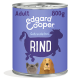 Edgard & Cooper Adult getreidefreie Rindfleisch-Hundenahrung Dose, 800g, mit Cartoon-Kuh- und Hundillustrationen auf lila Etikett.