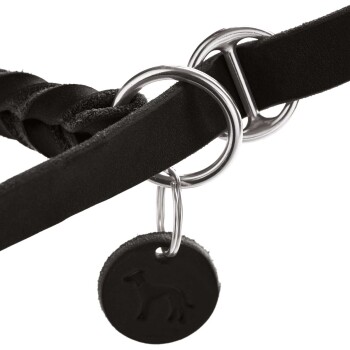 Nahaufnahme eines schwarzen geflochtenen Hundegeschirrs mit silbernen Metallringen und einem runden Anhänger mit einem Hundesilhouette.
