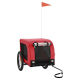 Roter Haustieranhänger mit einem Netz vorne, zwei Rädern und einer Sicherheitsflagge, entworfen für den Transport von Haustieren.