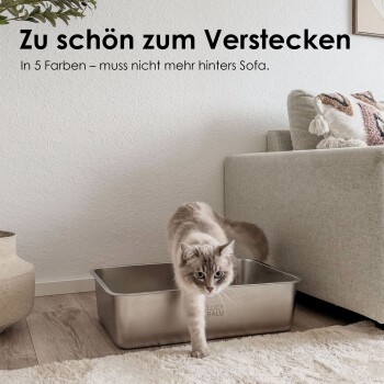 Edelstahl-Haustierunterlage mit feinem grauem Streu, mit dem Text: "Super hygienisch - Edelstahlswanne - keimresistent und leicht zu reinigen."