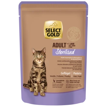 Select Gold Adult Sterilised Katzenfutterbeutel mit Bild einer getigerten Katze, Geflügelpastete, getreidefrei, ohne Zuckerzusatz oder Soja.