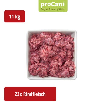 Verpacktes rohes Rindfleischkopf-Fleisch für Hunde, beschriftet mit 'proCani buy nature', mit einer Notiz auf Deutsch über natürliche Zutaten. Menge: 22x.