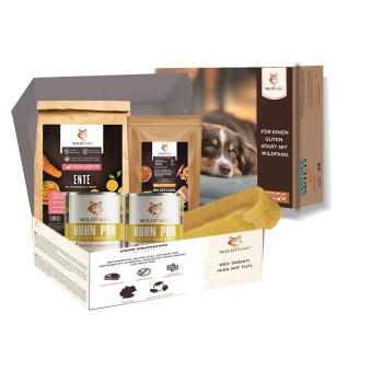 Wildfang Hundefutter-Geschenkbox mit Enten- und Hähnchenprodukten, Hundekauartikel und Verpackung mit Hundeabbildung und deutschem Text.