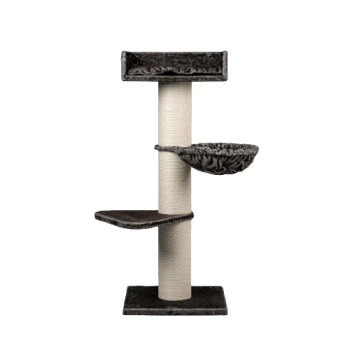 Ein moderner Katzenbaum mit einem hohen Kratzbaum, zwei Plattformen und einer gemütlichen Hängematte, in einem eleganten schwarz-beigen Design.