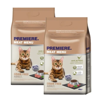Zwei Tüten Premiere Meat Menu Katzenfutter, jeweils 4kg, mit einer getigerten Katze auf der Vorderseite, beschriftet mit "Getreidefrei Adult" und "51% Fasan."