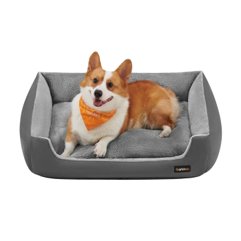 Ein glücklicher Corgi mit einem leuchtend orangefarbenen Halstuch ruht auf einem plüschigen grauen Hundebett und zeigt Komfort und Stil.
