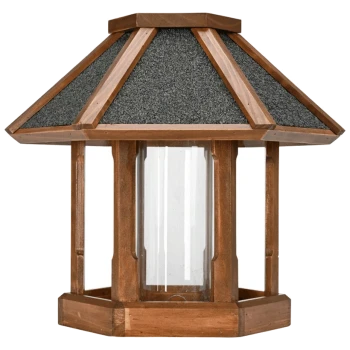 Holz-Haustierfutterspender in hexagonaler Form, mit einem Glasbehälter und einem dunklen, strukturierten Dach.