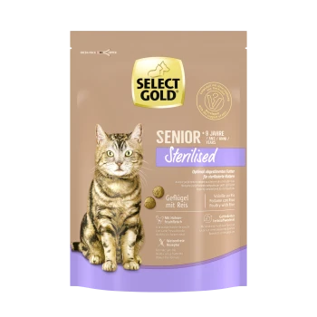 Cat food package featuring a tabby cat, labeled "SELECT GOLD SENIOR Sterilised," suitable for cats over 9 years, with chicken and rice.